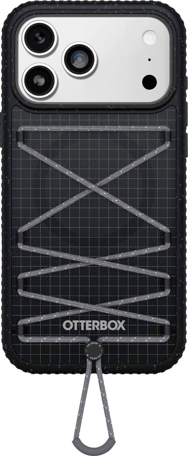 Black OtterBox phone case with a clear MagSafe-style back, triple camera cutout, and built-in gray lanyard strap.