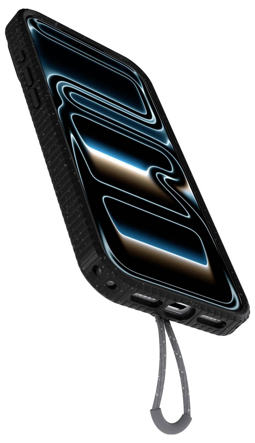 Black rugged smartphone with a glowing abstract screen pattern and a gray wrist strap attached at the bottom, shown on a white background.