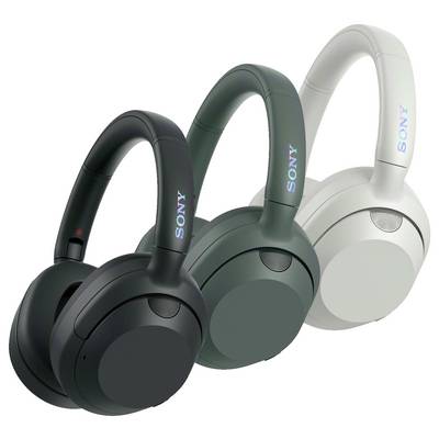 Three Sony over-ear wireless headphones in black, dark gray, and white shown side by side on a white background.<br>
