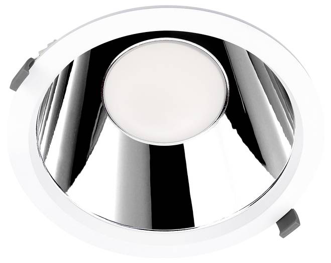 Round recessed ceiling light with white trim and reflective chrome interior, shown front view on a white background.