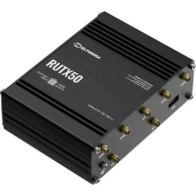 Black Teltonika RUTX50 industrial router/modem shown in angled product view with multiple antenna and network ports.
