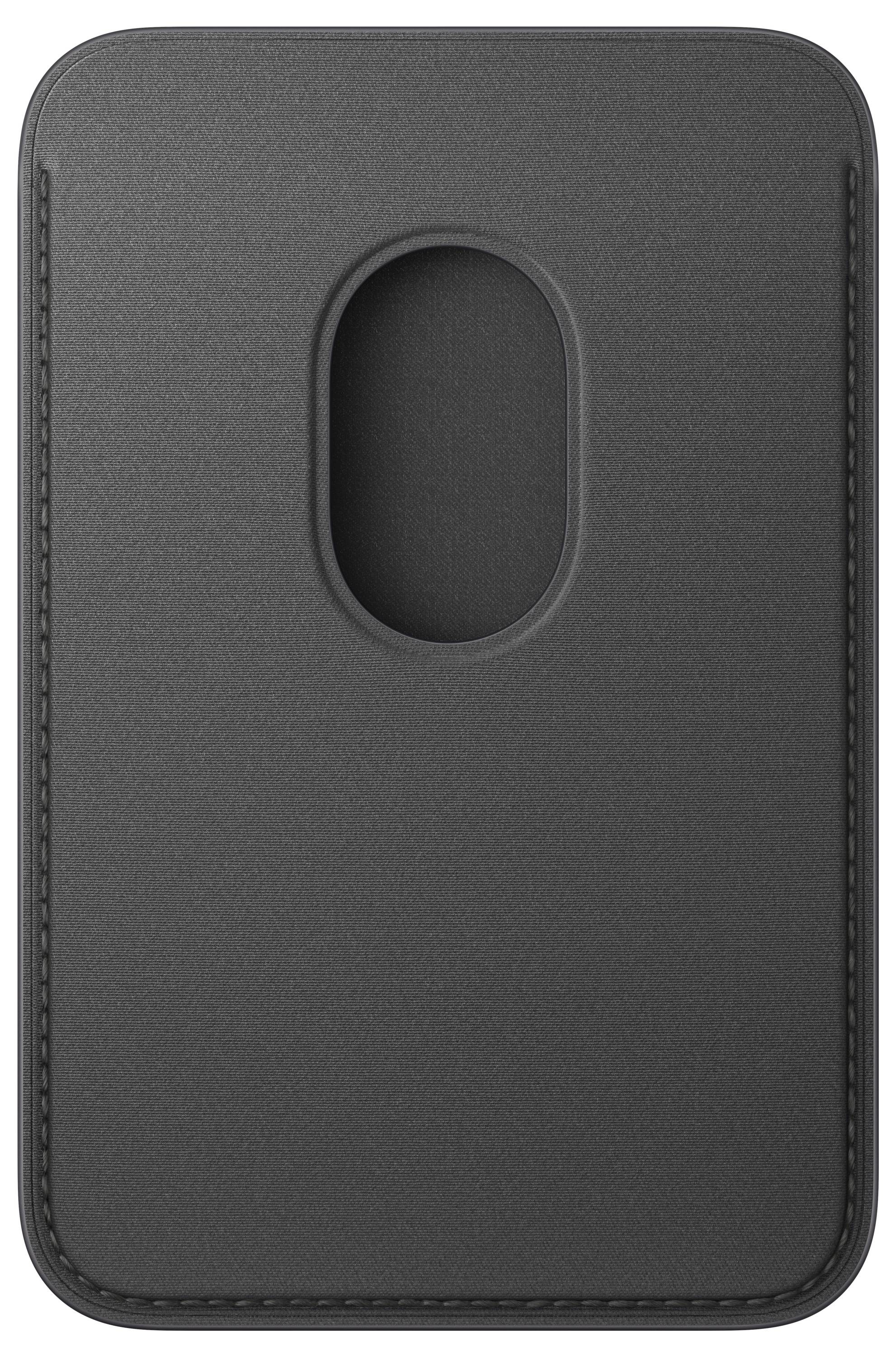 Dark gray phone case with a vertical oval cutout near the top center and stitched edges around the perimeter.