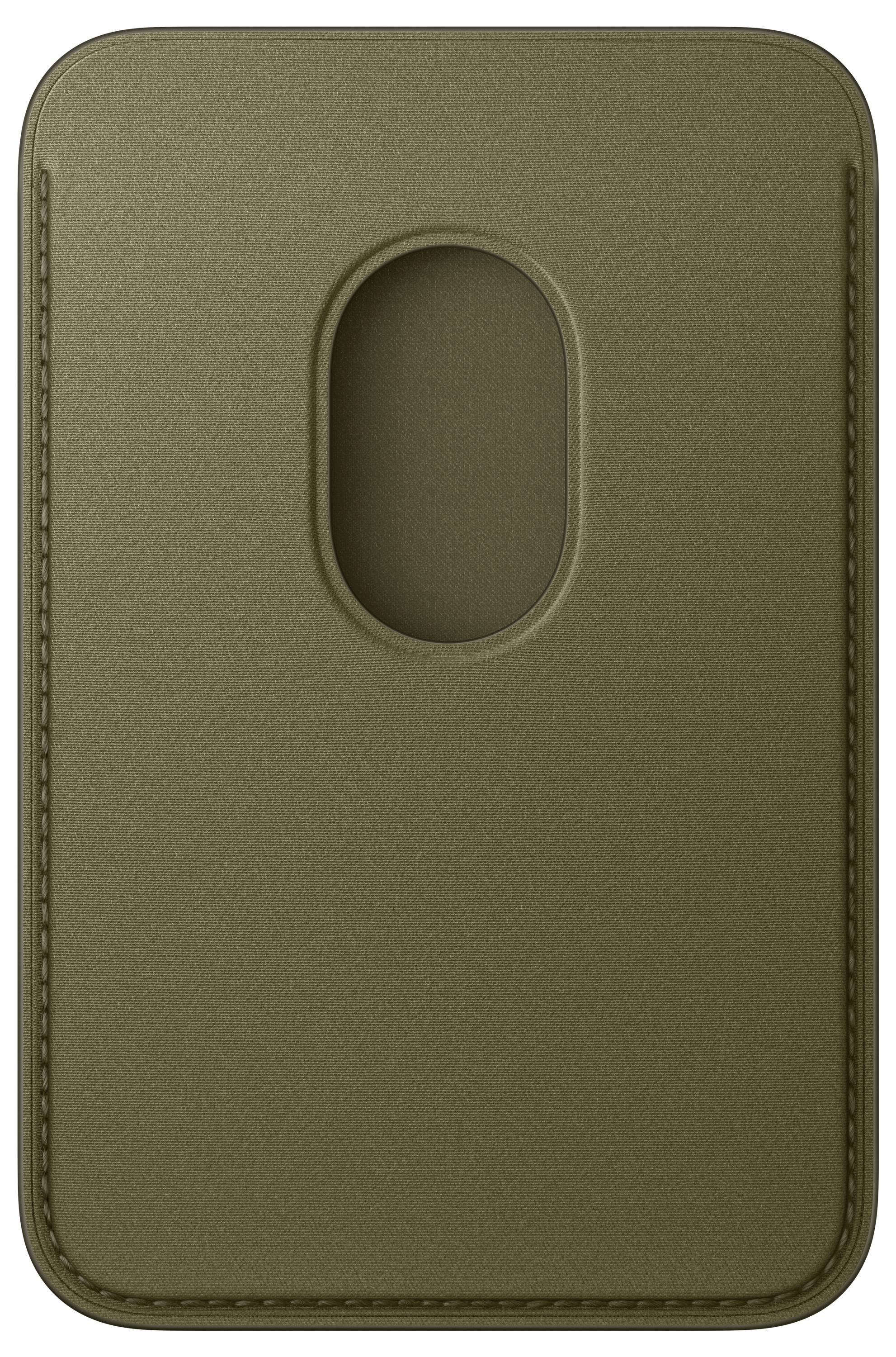 Olive green phone case back with a vertical oval camera cutout and stitched edges.