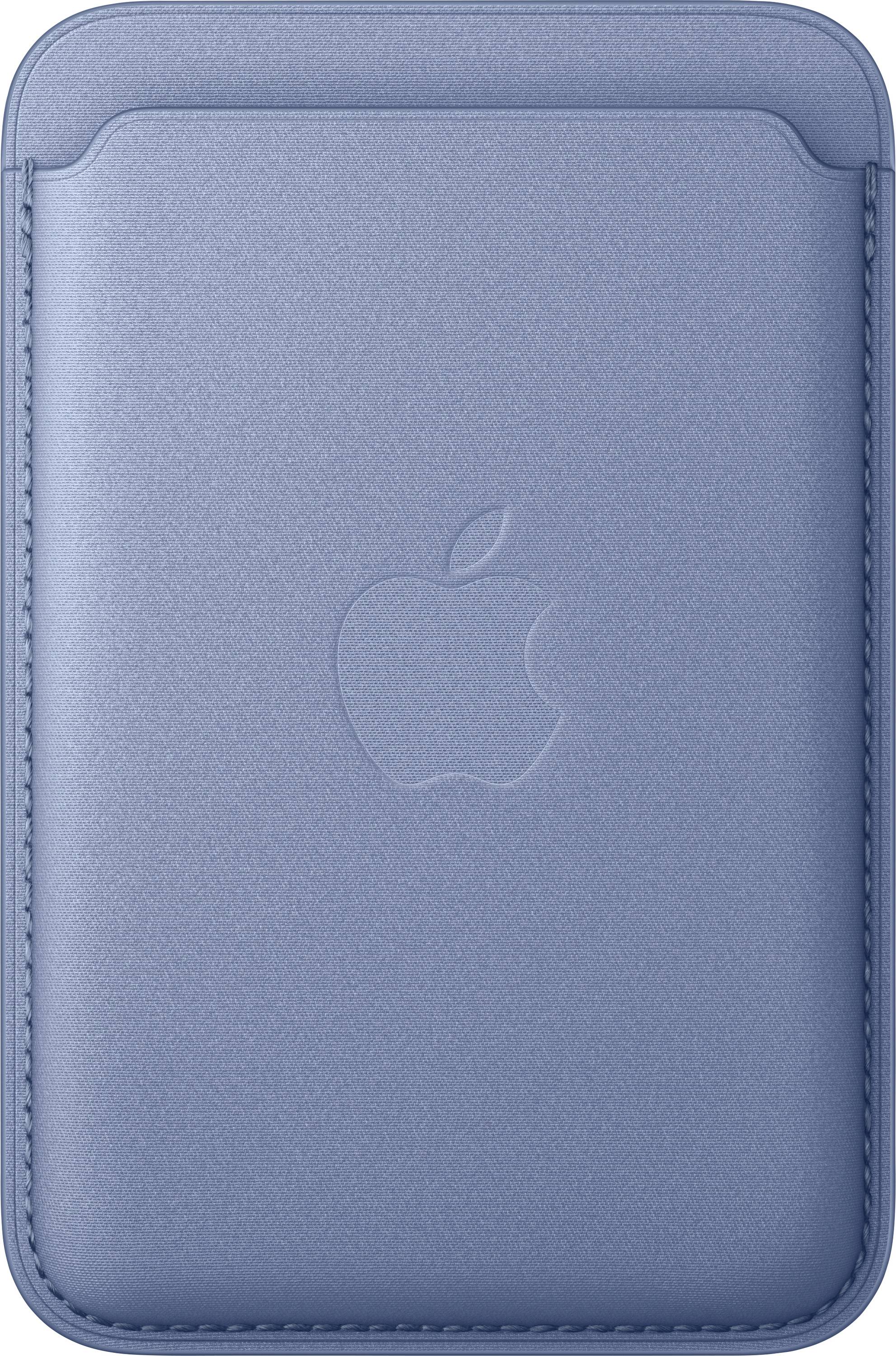 Blue Apple-branded sleeve or case with a centered embossed Apple logo and stitched edges.