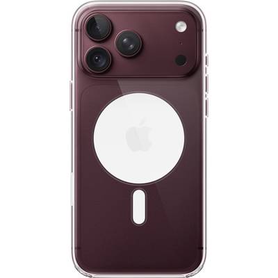 Back view of a burgundy iPhone in a clear protective case, showing triple rear cameras and centered Apple logo.