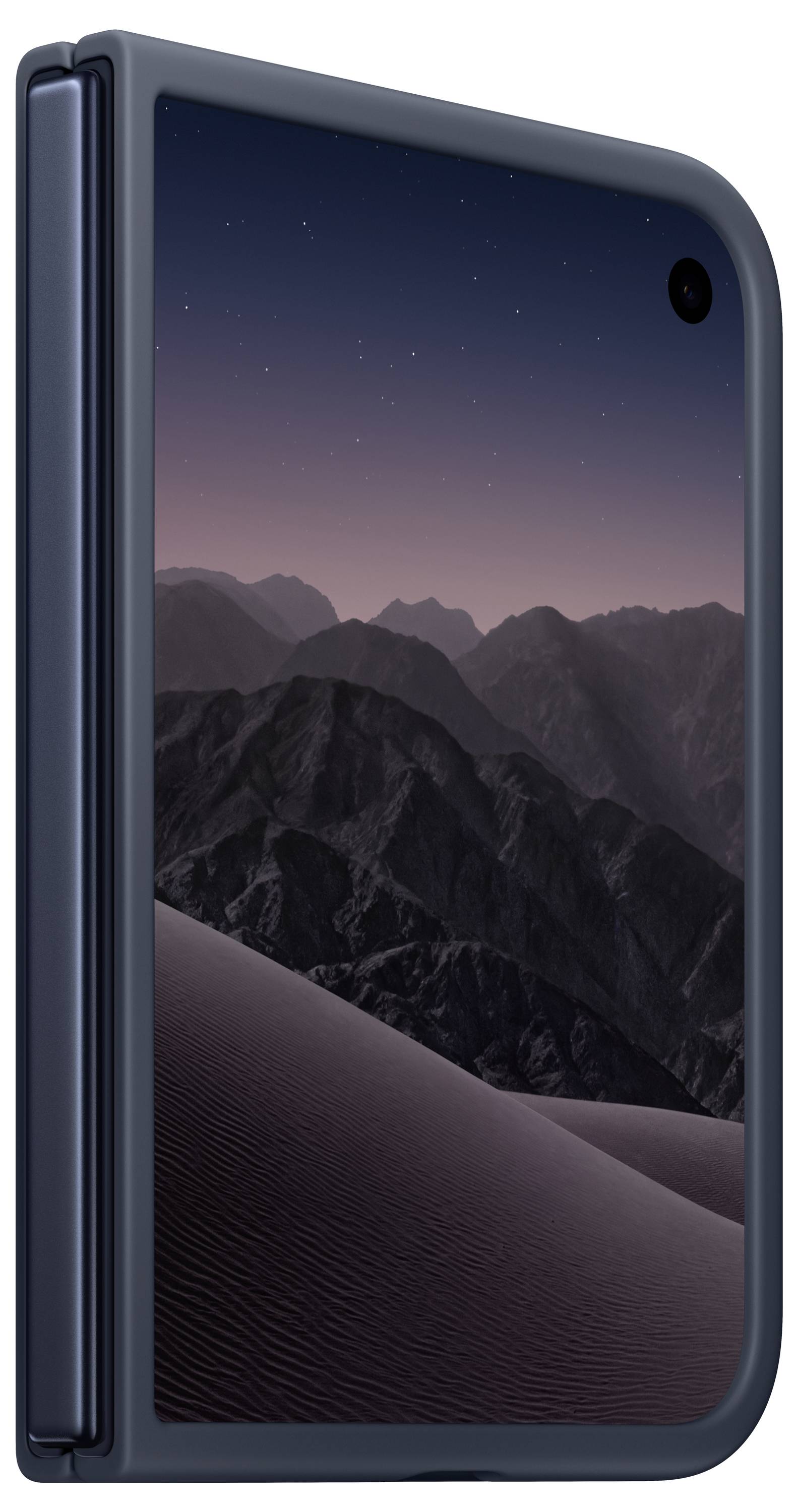 Foldable smartphone shown half-open, displaying a mountain-and-sand-dune wallpaper on the main screen with a front camera cutout.