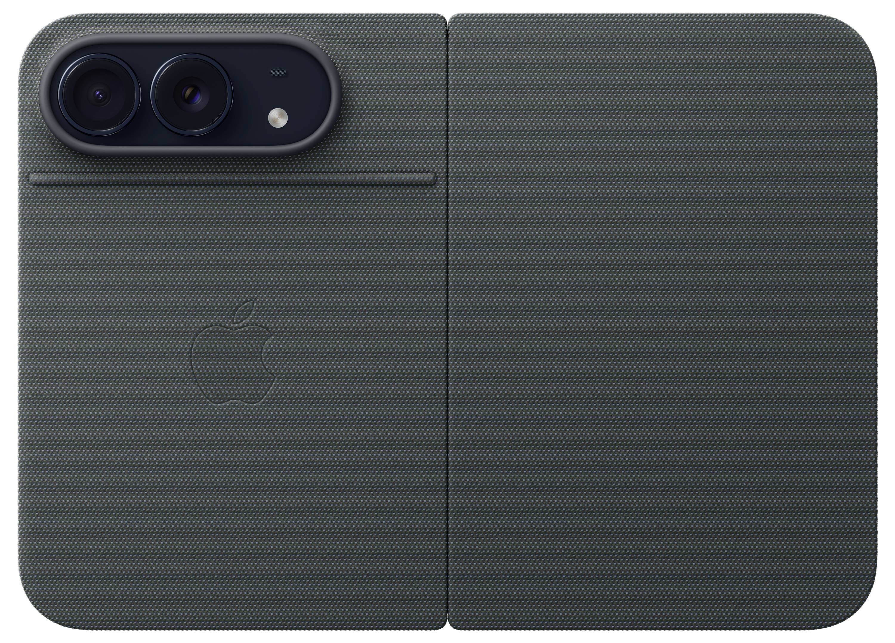 Back view of a dark gray foldable smartphone with dual rear cameras, flash, and a visible center hinge.