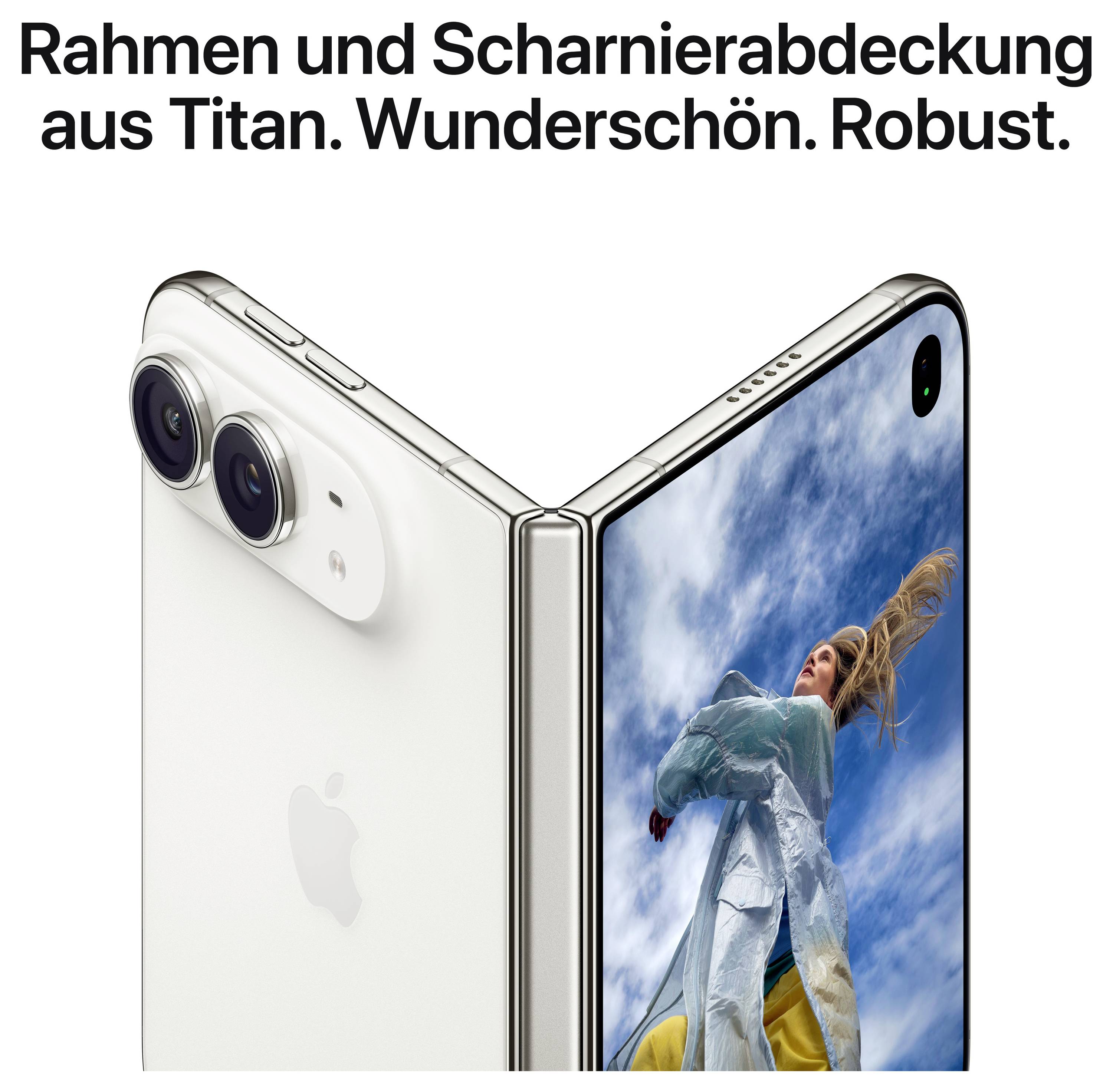 Advertisement for a foldable titanium smartphone with dual camera; shows front and back and the slogan 'Frame and hinge cover in titanium. Stunningly beautiful. Robust.'