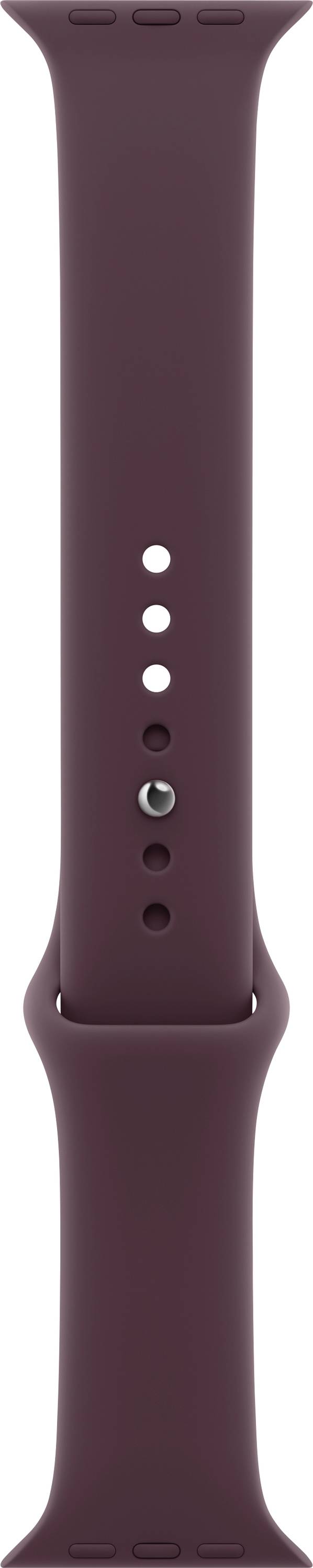 Close-up of a plum-colored smartwatch band with adjustable holes and a metal connector, shown vertically on a white background.
