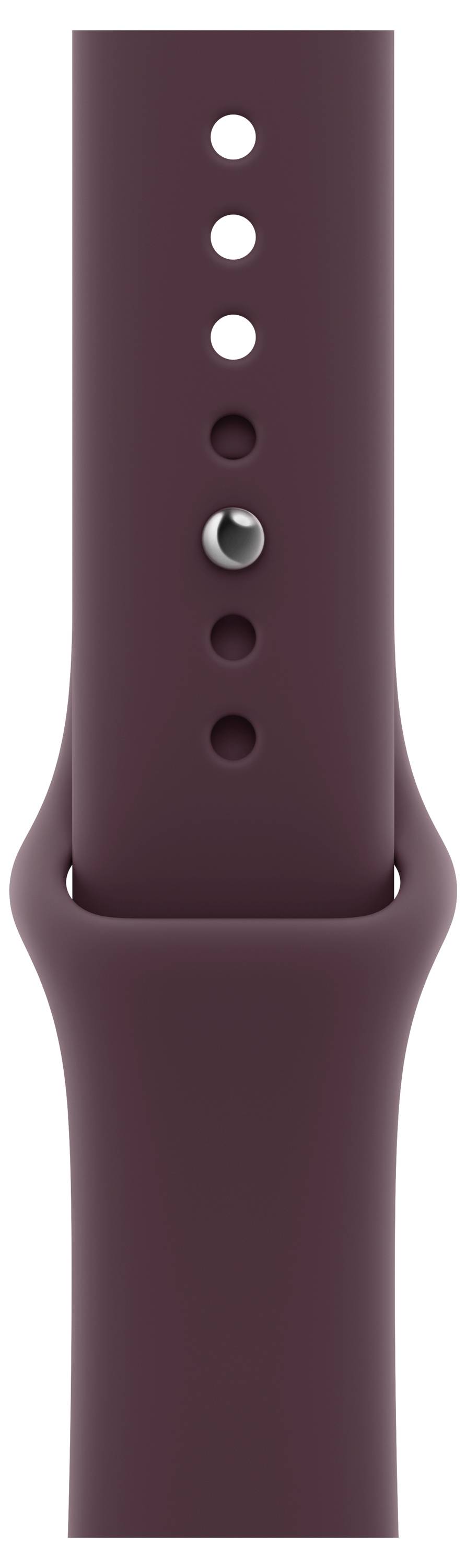 Close-up of a purple watch strap segment with multiple adjustment holes and a metal clasp button at the center.