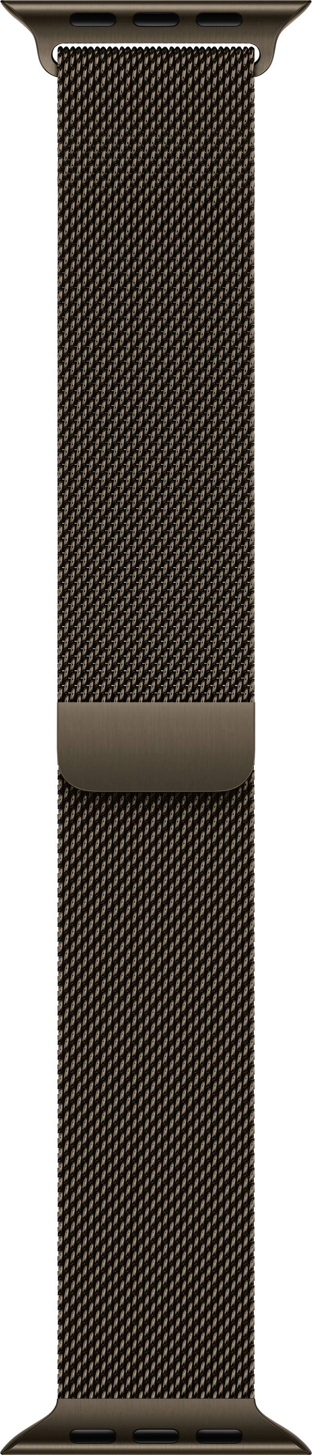 Brown woven smartwatch band with a metal connector and buckle clasp<br>