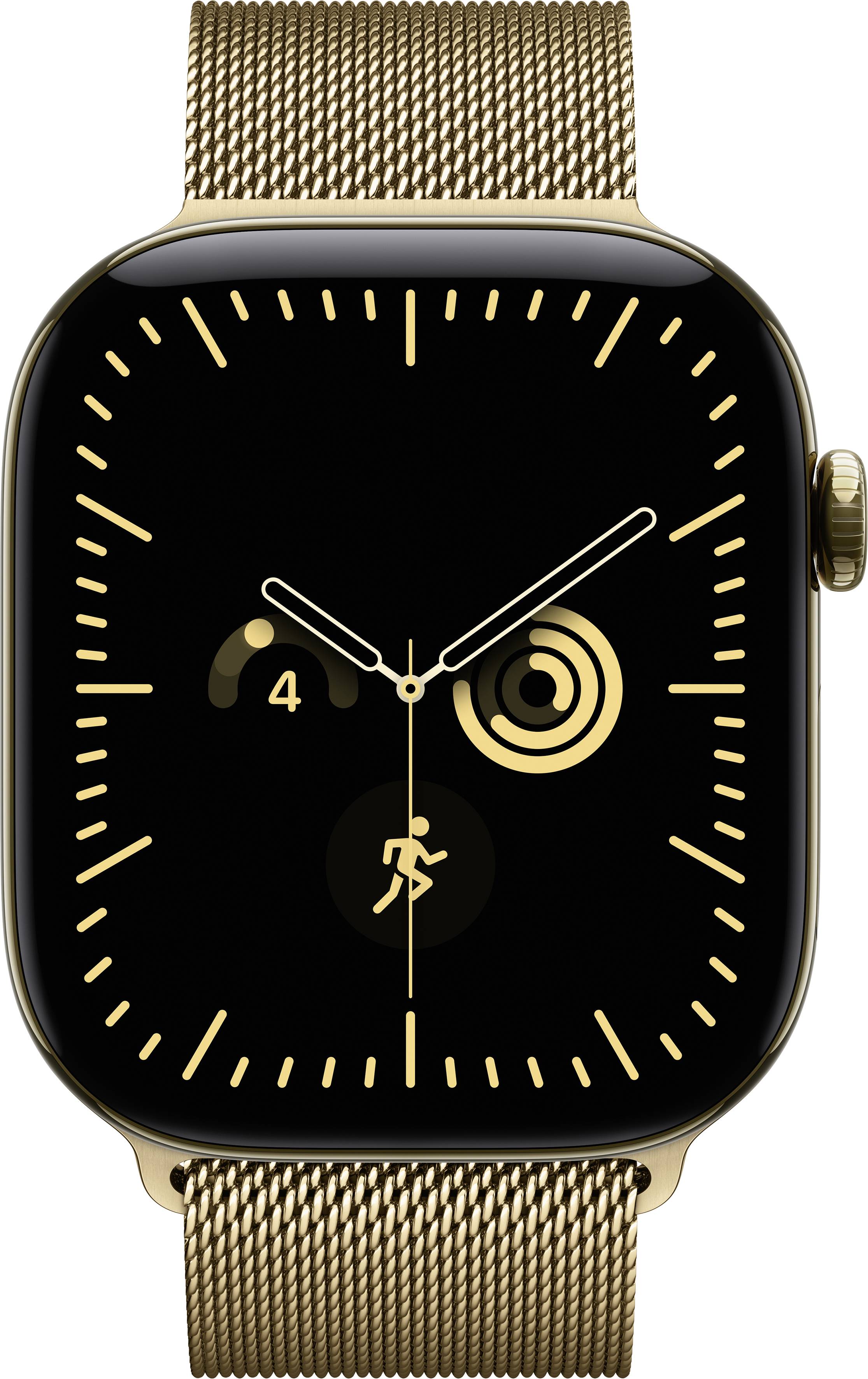Gold Apple Watch with black face showing analog time and activity rings, with gold mesh band.