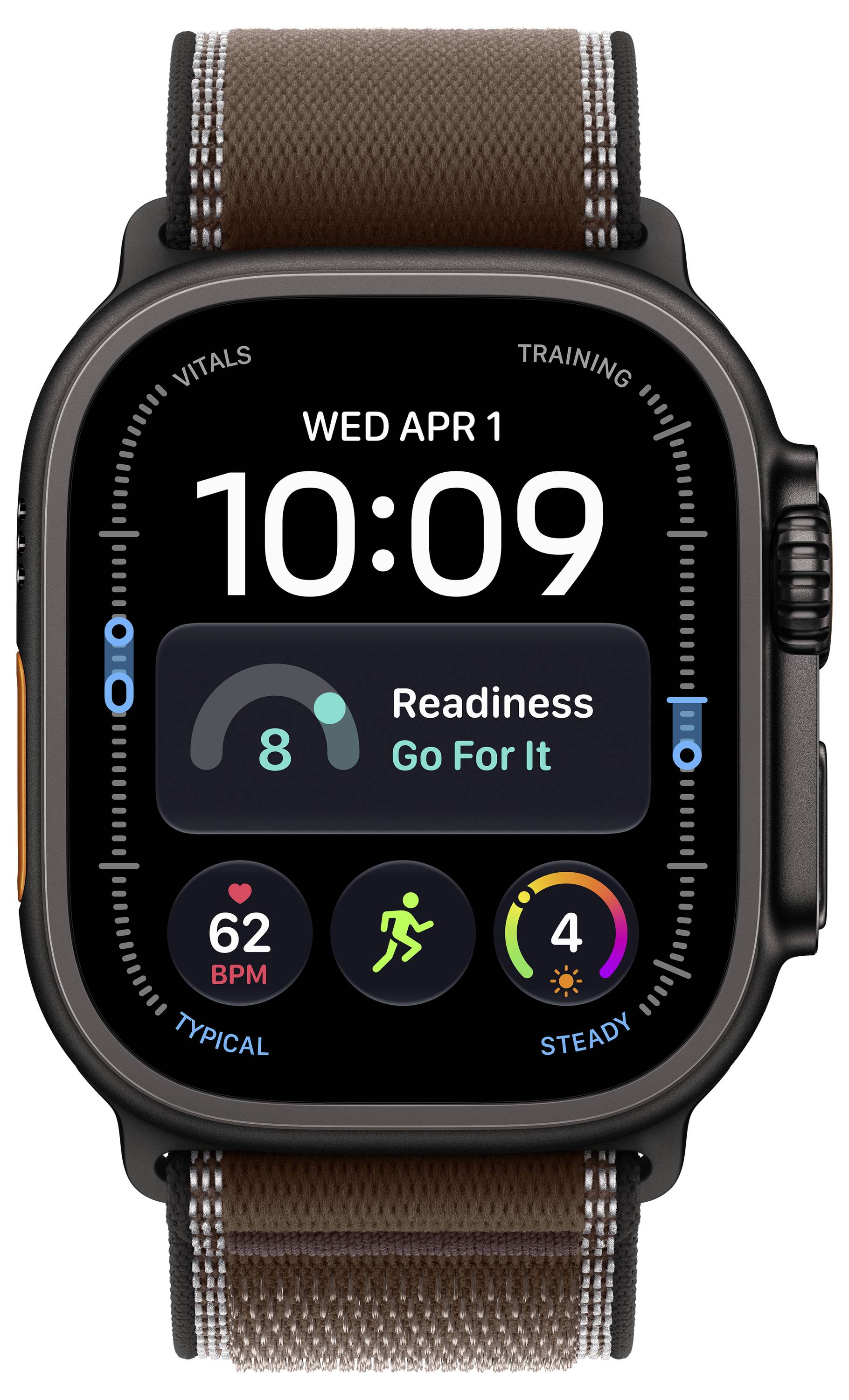 Apple Watch with brown woven band showing fitness dashboard: 10:09 on Wed Apr 1, readiness 8 'Go For It', heart rate 62 BPM, activity and status rings.