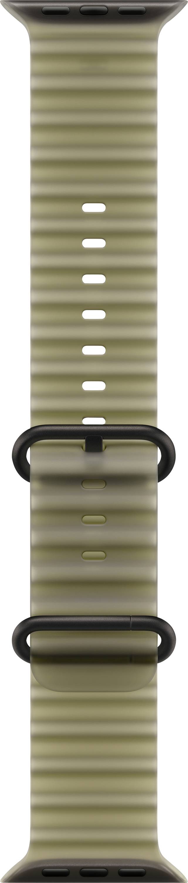 Close-up of a khaki ribbed watch band with black loops and an adjustable keeper.