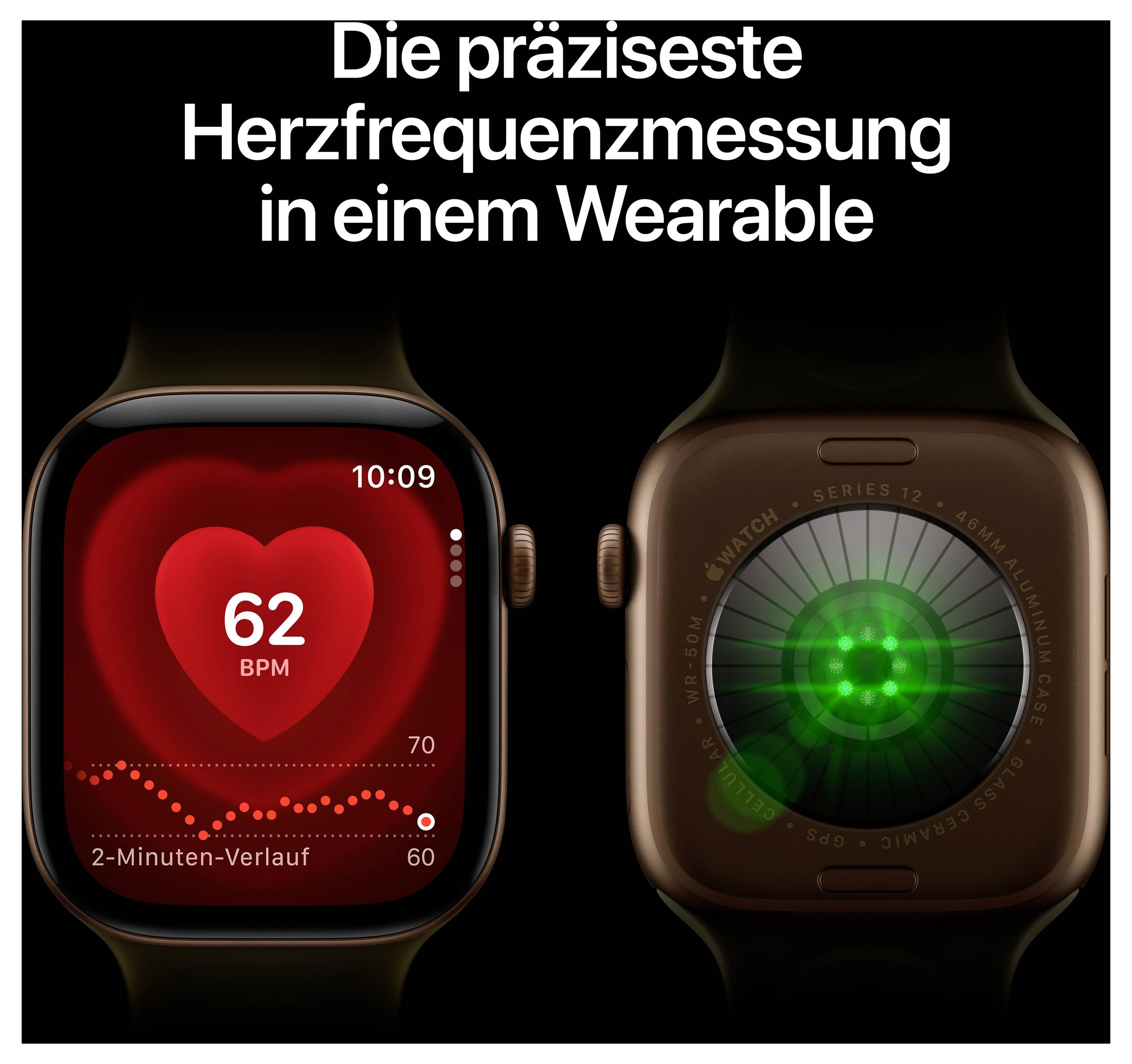 Advertisement with two smartwatches; text 'The most precise heart rate measurement in a wearable'. On the left pulse display showing 62 BPM and 2-minute trend, on the right green sensor view.