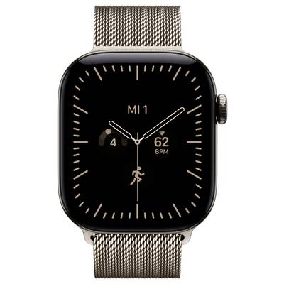 Gold Apple Watch with black analog-style face showing 'MI 1', activity and heart rate widgets, and a mesh band.