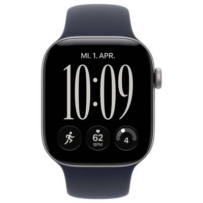 Apple Watch with dark band showing the time 10:09, date MI. 1. APR., and three activity widgets including heart rate 62 BPM and a step/count indicator of 4.