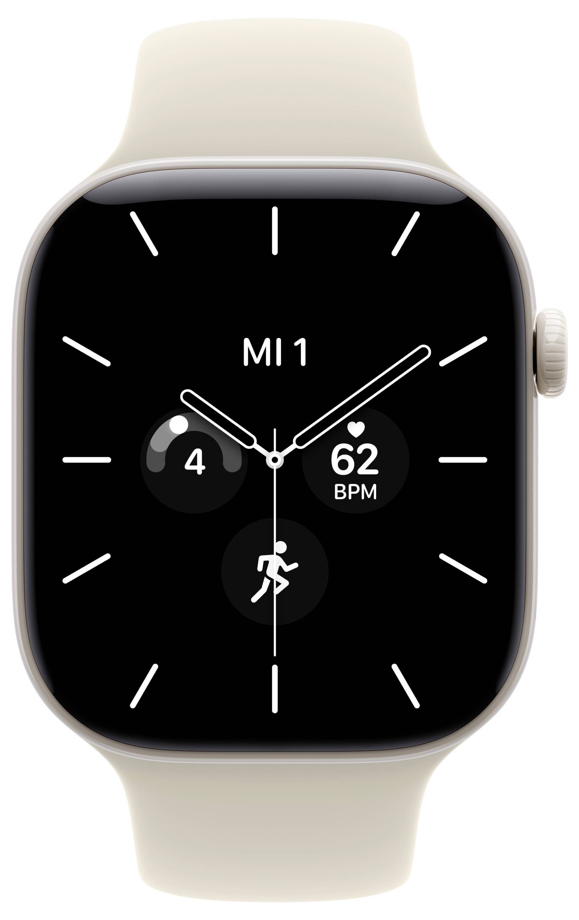Apple Watch with beige band showing a black analog face labeled 'MI 1', heart rate 62 BPM, and a workout icon.