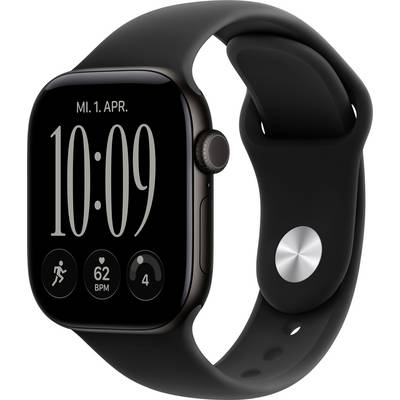 Black Apple Watch with a black band showing 10:09, date 'MI. 1. APR.', and three activity/heart-rate complication icons.