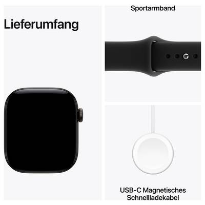 Contents of a Smartwatch: Watch case, sports strap and USB-C magnetic fast-charging cable.