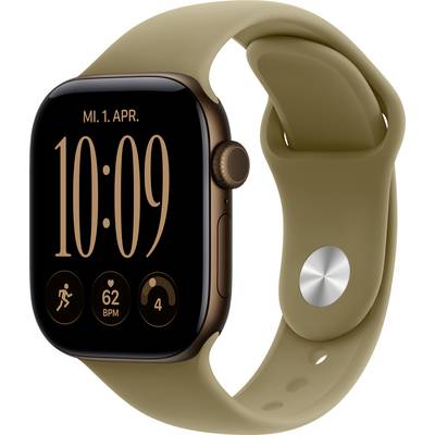 Tan smartwatch displaying 10:09 with health stats on a matching tan sport band.