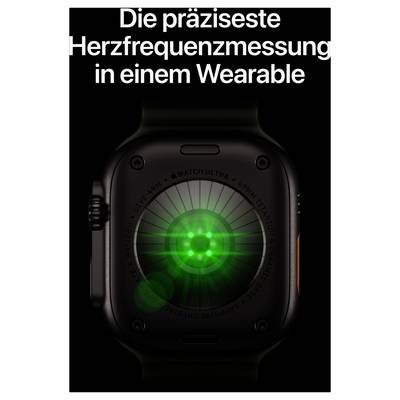 Apple Watch Ultra with green-glowing sensor; Text: 'The most precise heart rate measurement in a wearable'.