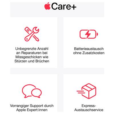 Apple Care+: Four service components with symbols: unlimited repairs for accidental damage, battery replacement at no extra cost, priority support, express replacement service.