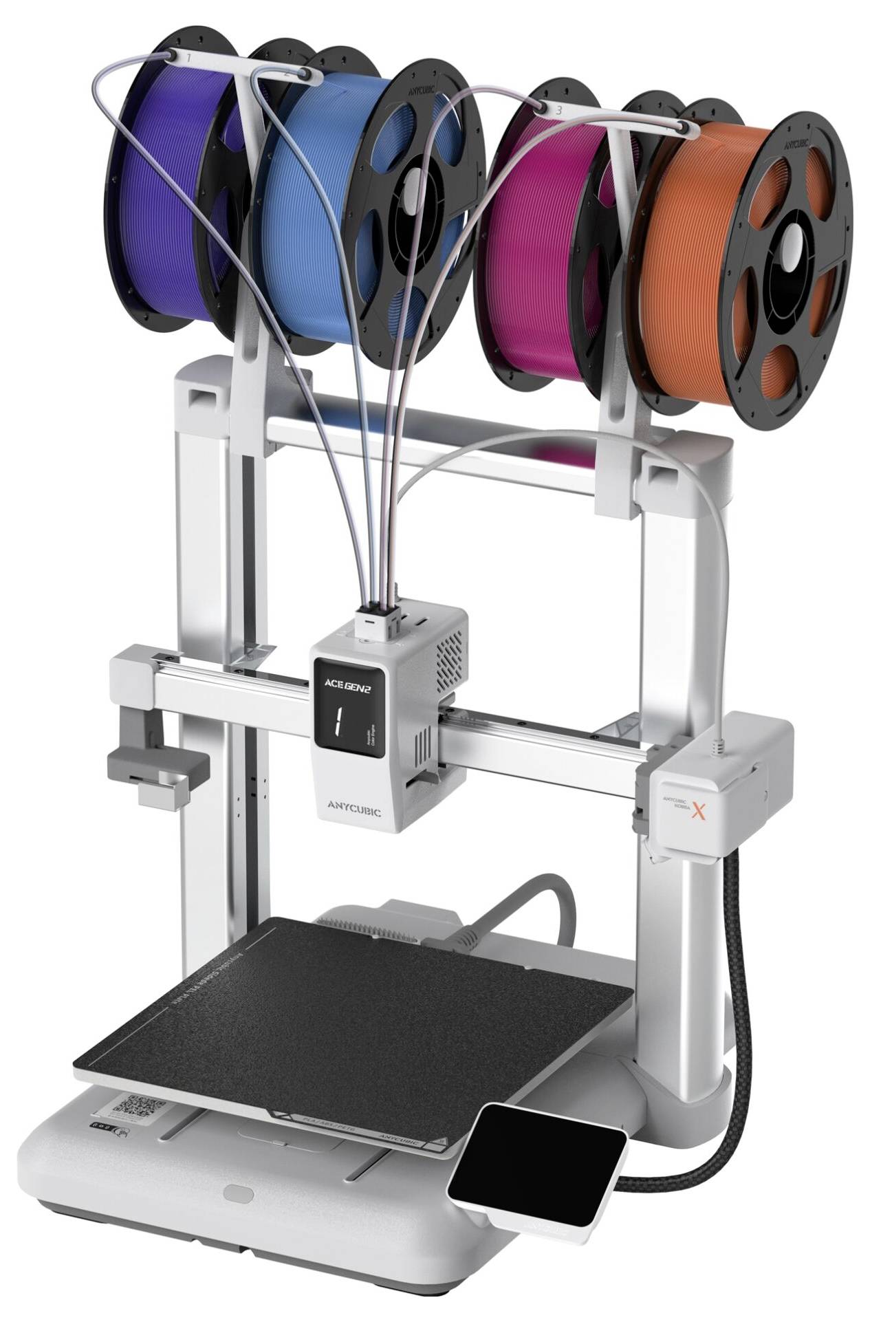 Desktop 3D printer with four filament spools mounted on top and a build plate inside the frame<br>