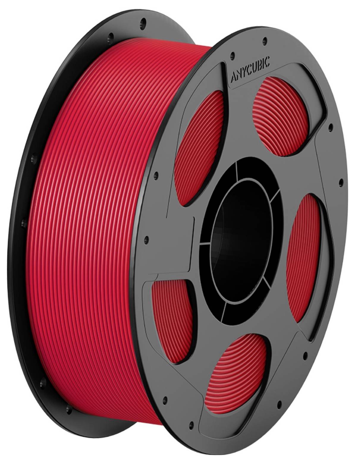 Spool of red 3D printer filament on a black reel with the Anycubic logo.