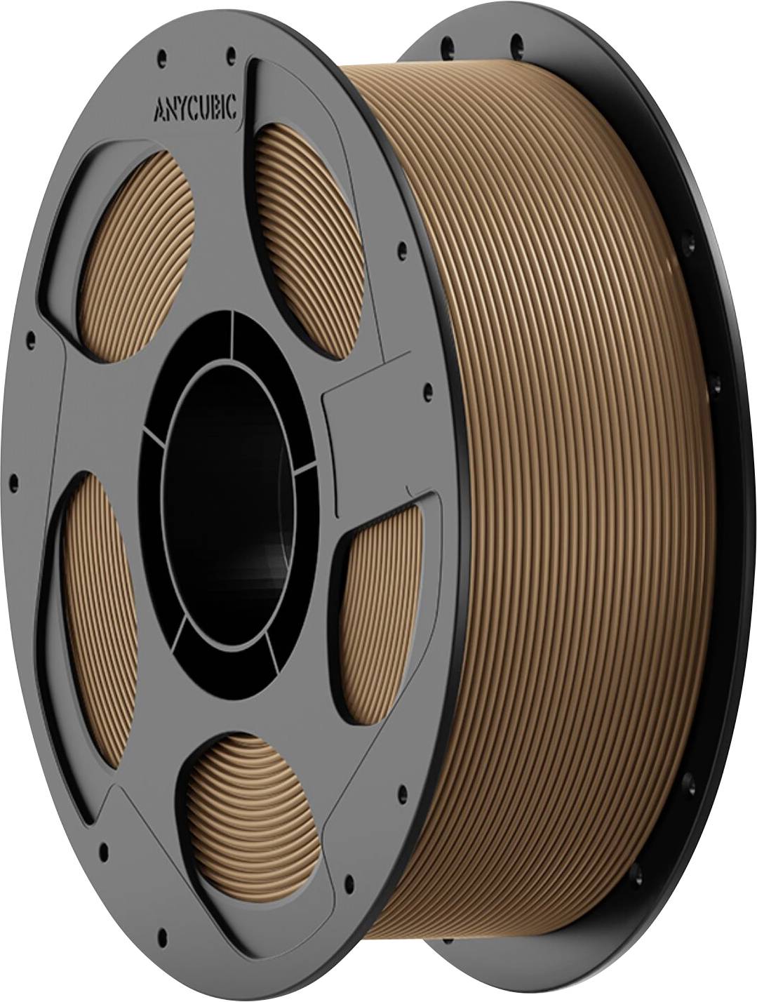 Spool of copper-colored 3D printer filament labeled ANYCUBIC, shown on a black reel<br>