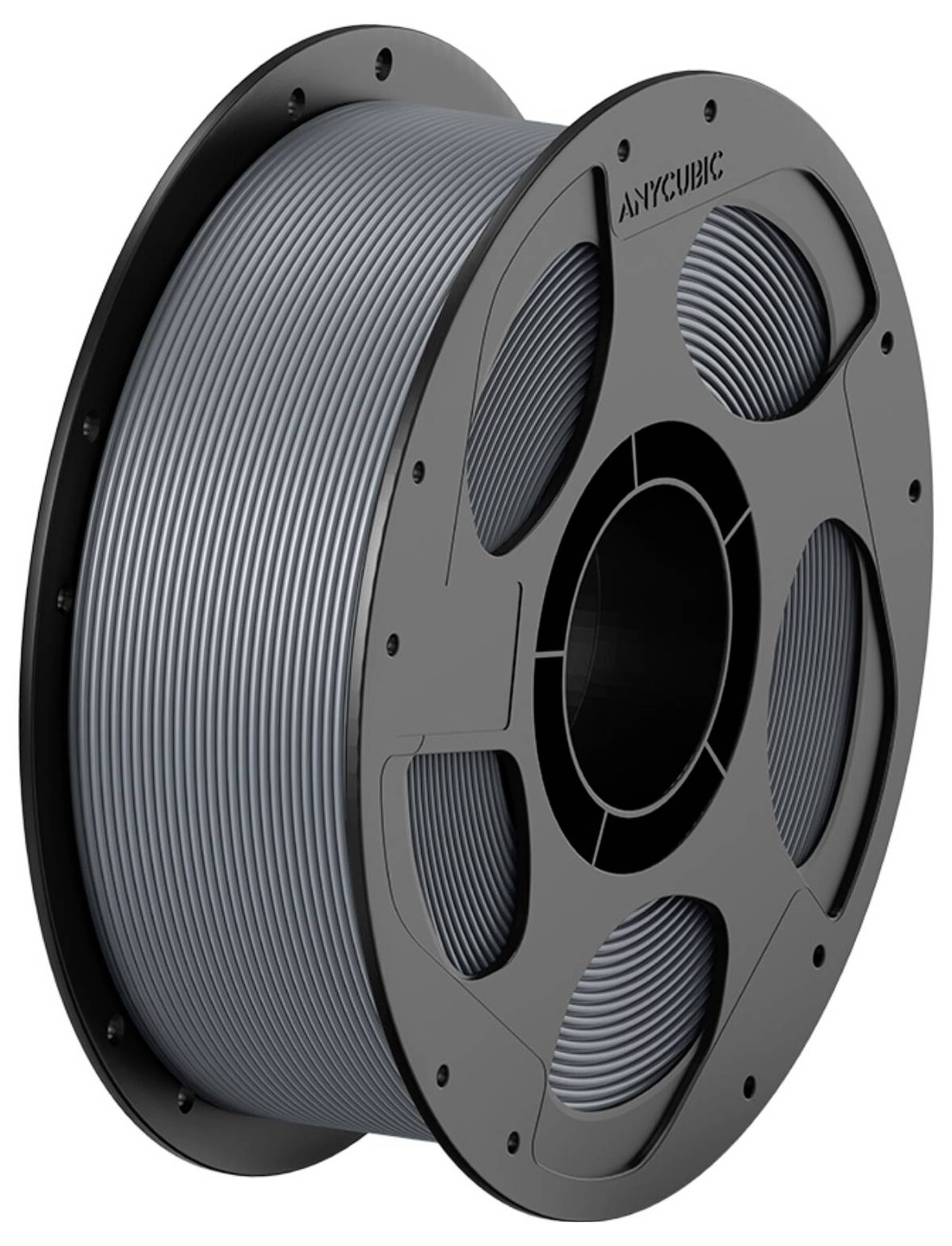 Grey 3D printer filament spool labeled 'ANYCUBIC', shown in side view with tightly wound filament around a central hub.