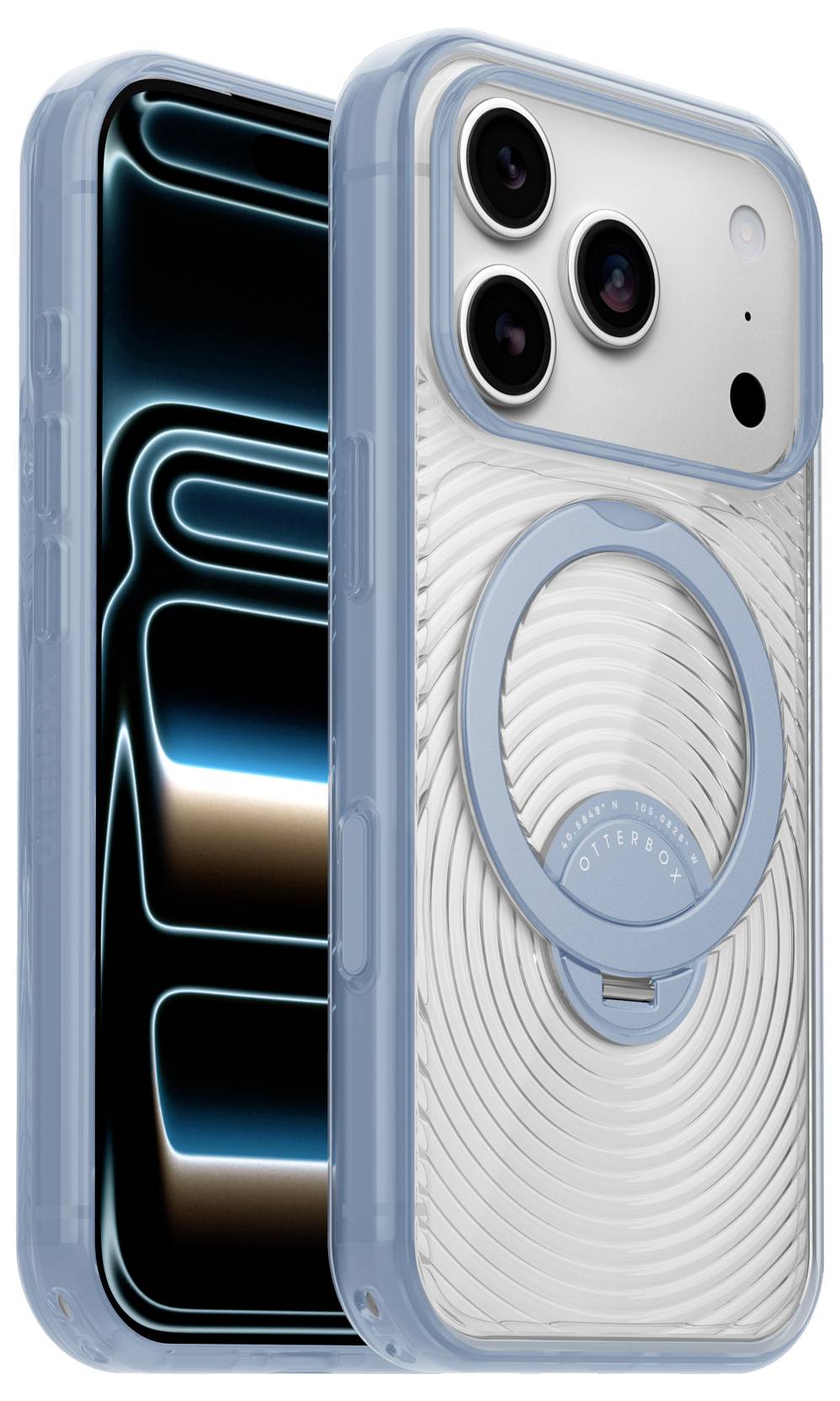 Two iPhones in light blue cases, one showing the front screen and one the white back with triple cameras and a MagSafe ring.<br>