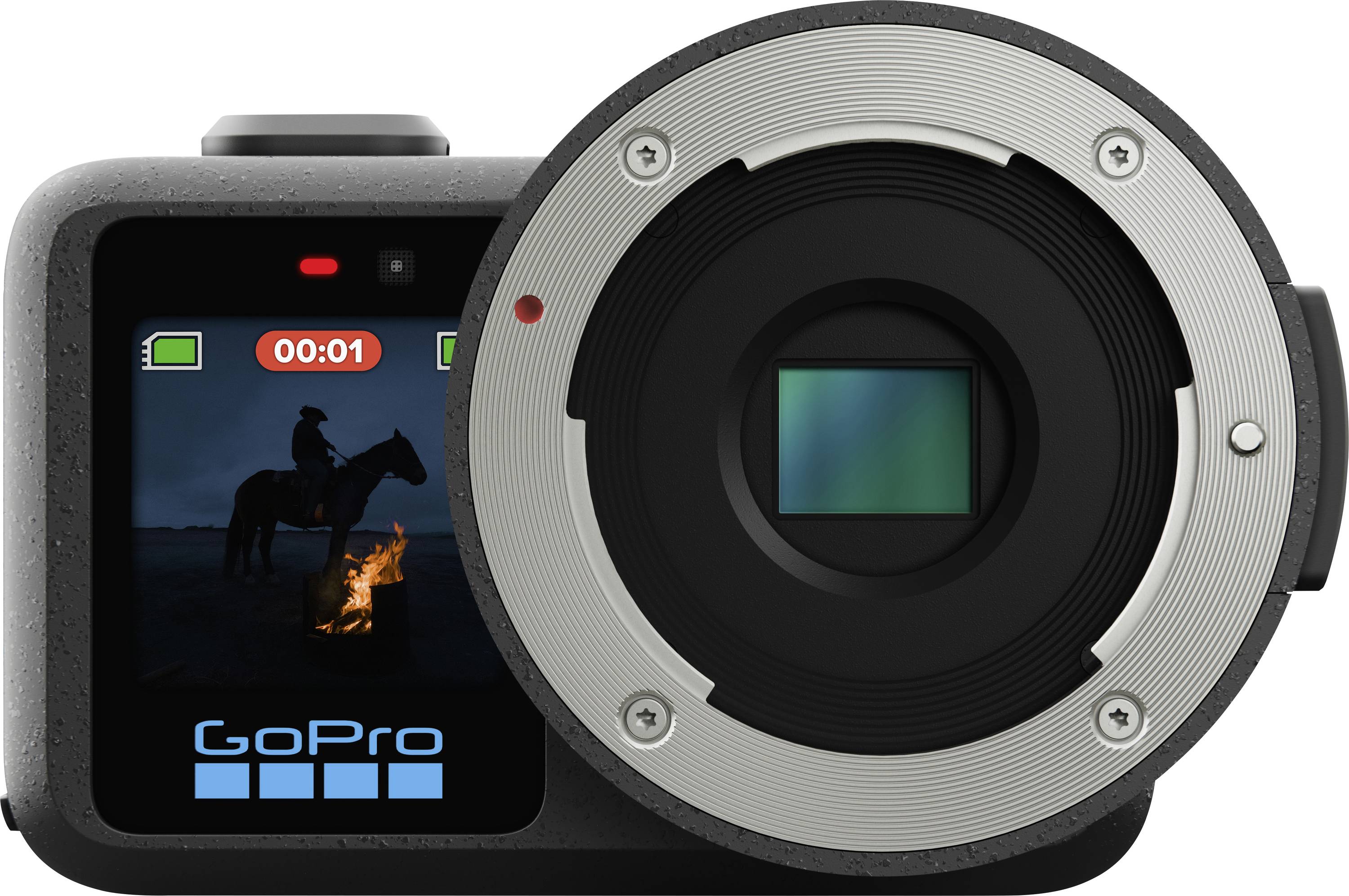 GoPro action camera shown front-on, with a large lens on the right and a rear screen displaying a rider by a campfire and recording timer '00:01'.<br>