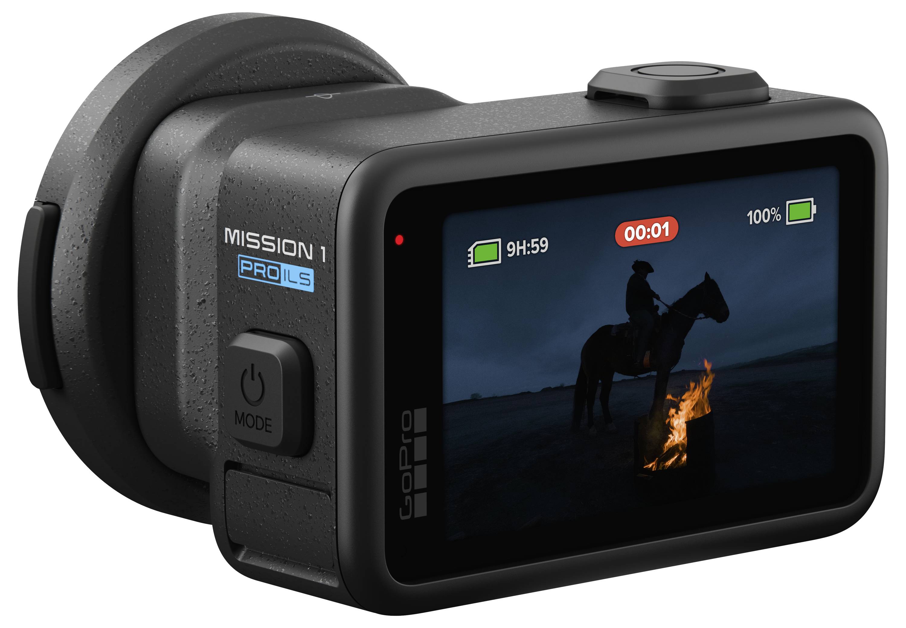 GoPro action camera shown from the rear, displaying a live-view screen with a rider on a horse by a campfire and recording indicators.