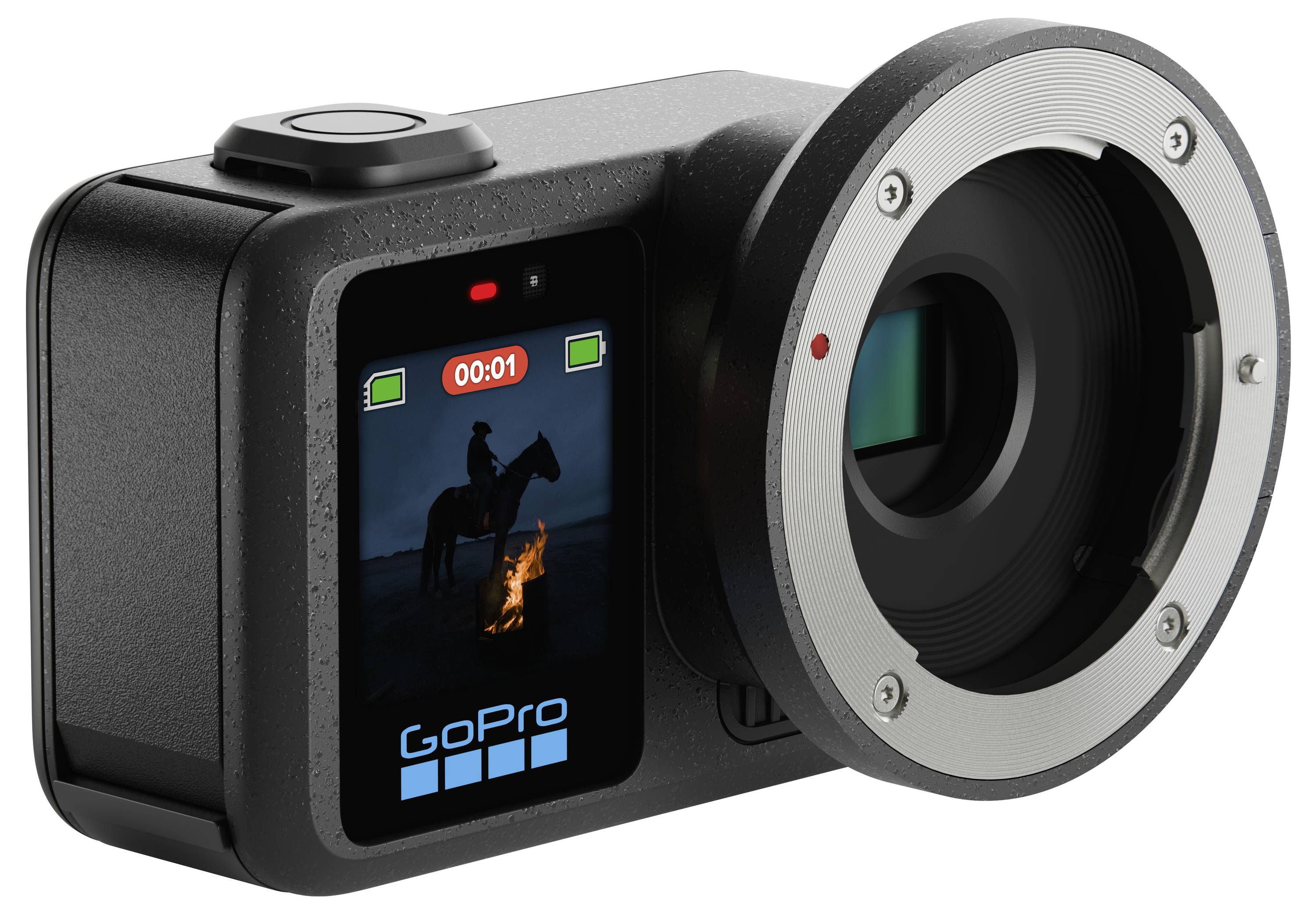A GoPro-style action camera with a large attached lens adapter, shown on a white background.<br>