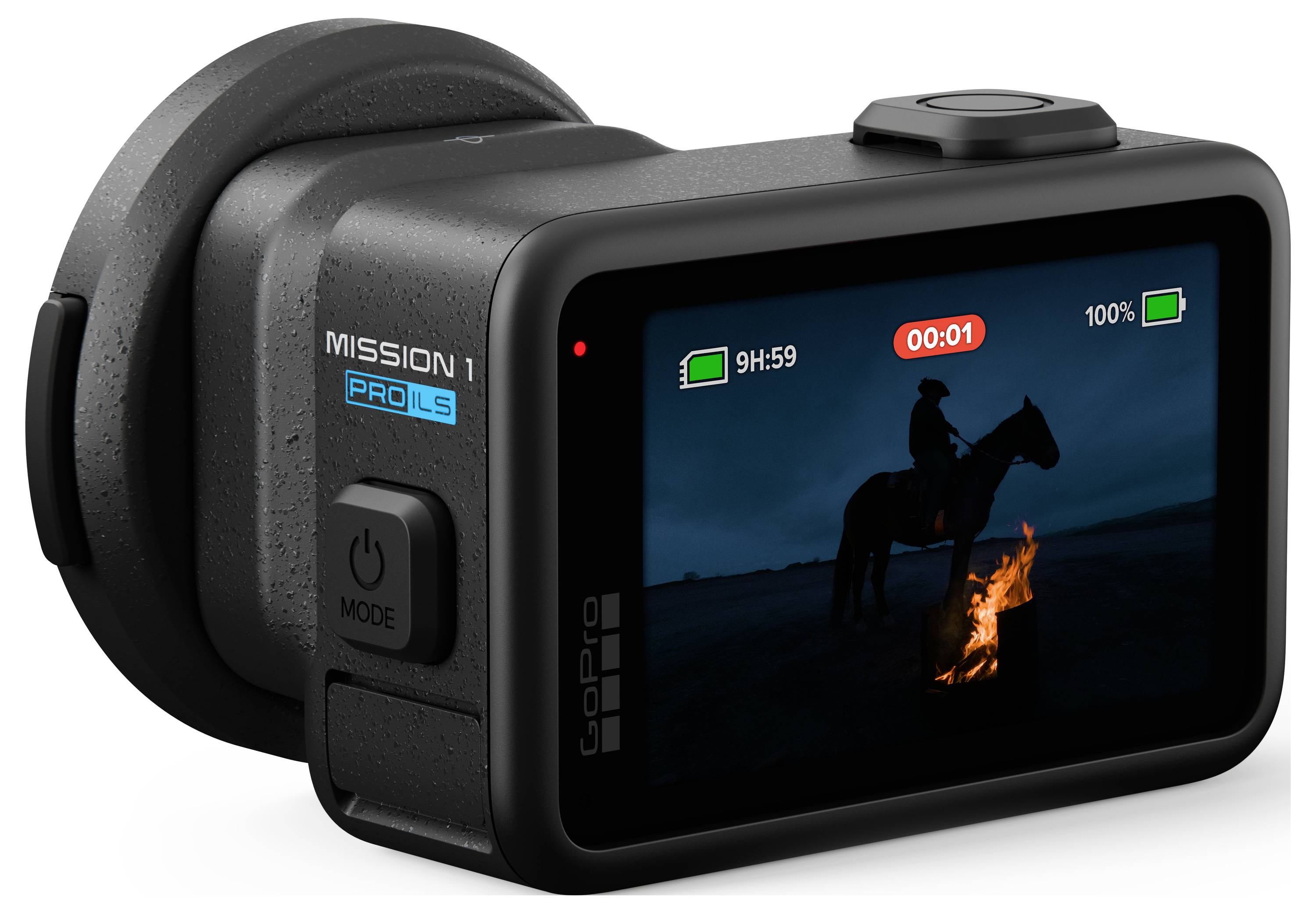 GoPro HERO camera showing a rider on horseback by a campfire at night on its rear preview screen, with recording and battery indicators.