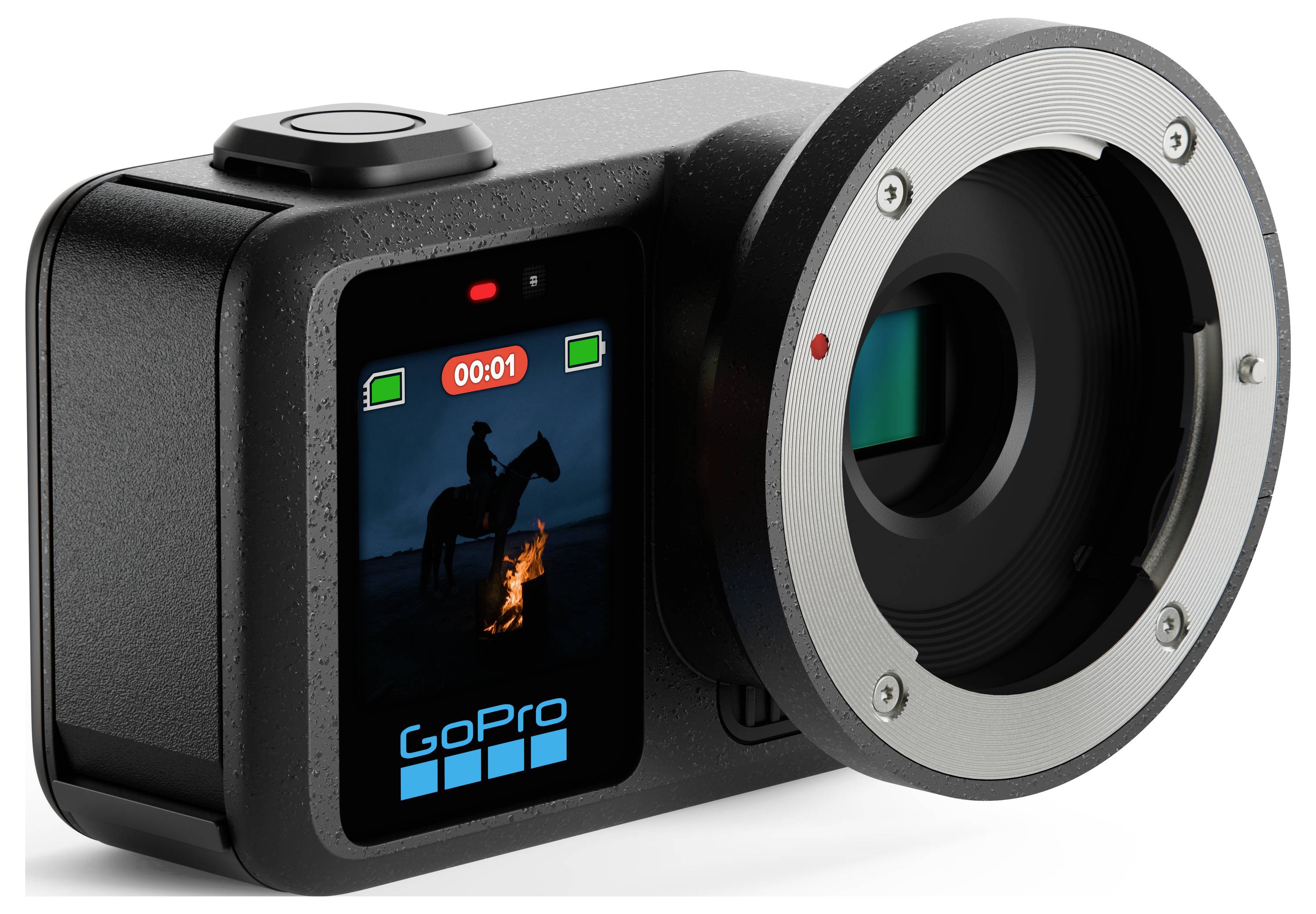 GoPro action camera with a large circular lens adapter attached, showing a small screen with a desert rider scene and recording timer.