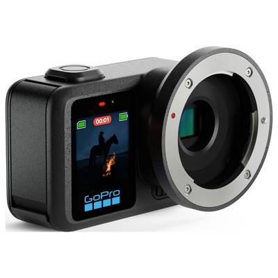 GoPro action camera with a large circular lens adapter attached, showing a small screen with a desert rider scene and recording timer.
