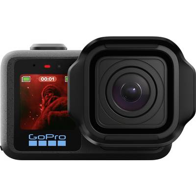 Front view of a GoPro action camera with a large lens and rear screen showing a red recording display with battery and timer.