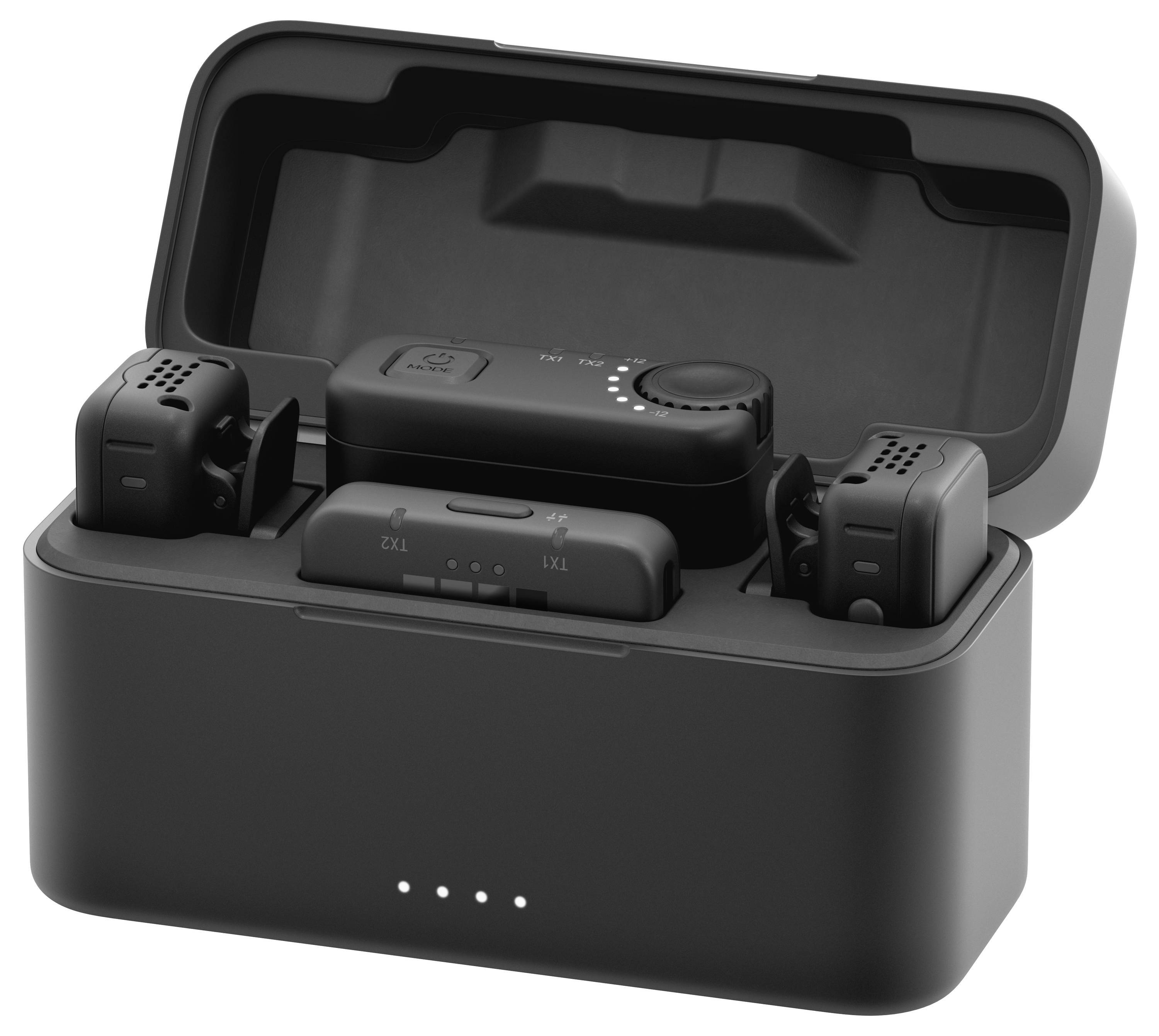 Open charging case holding three small black wireless devices, with LED battery indicator lights on the front.<br>
