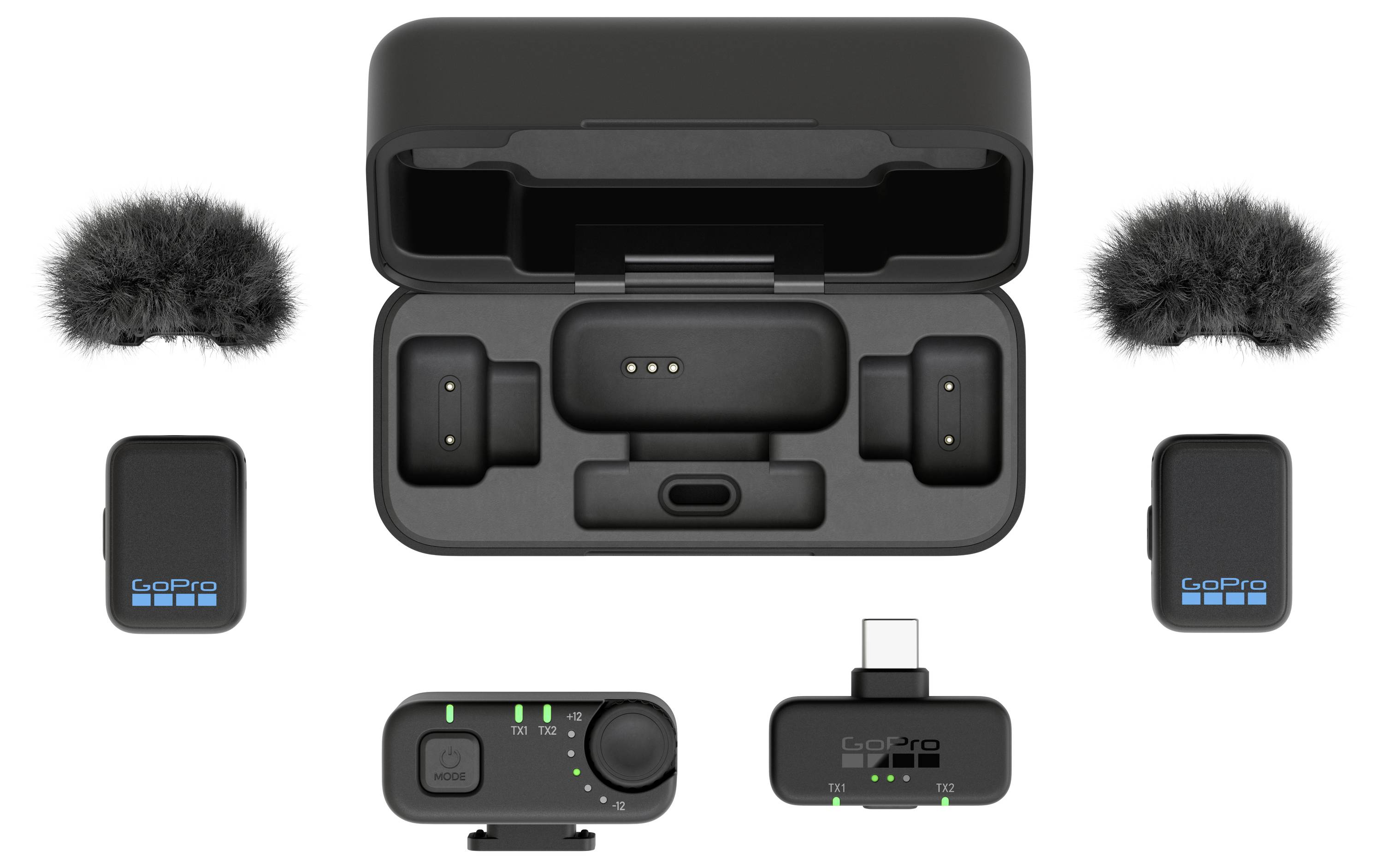 GoPro wireless microphone kit with charging case, two clip-on transmitters, two wind muffs, receiver, and USB-C adapter shown with status lights.