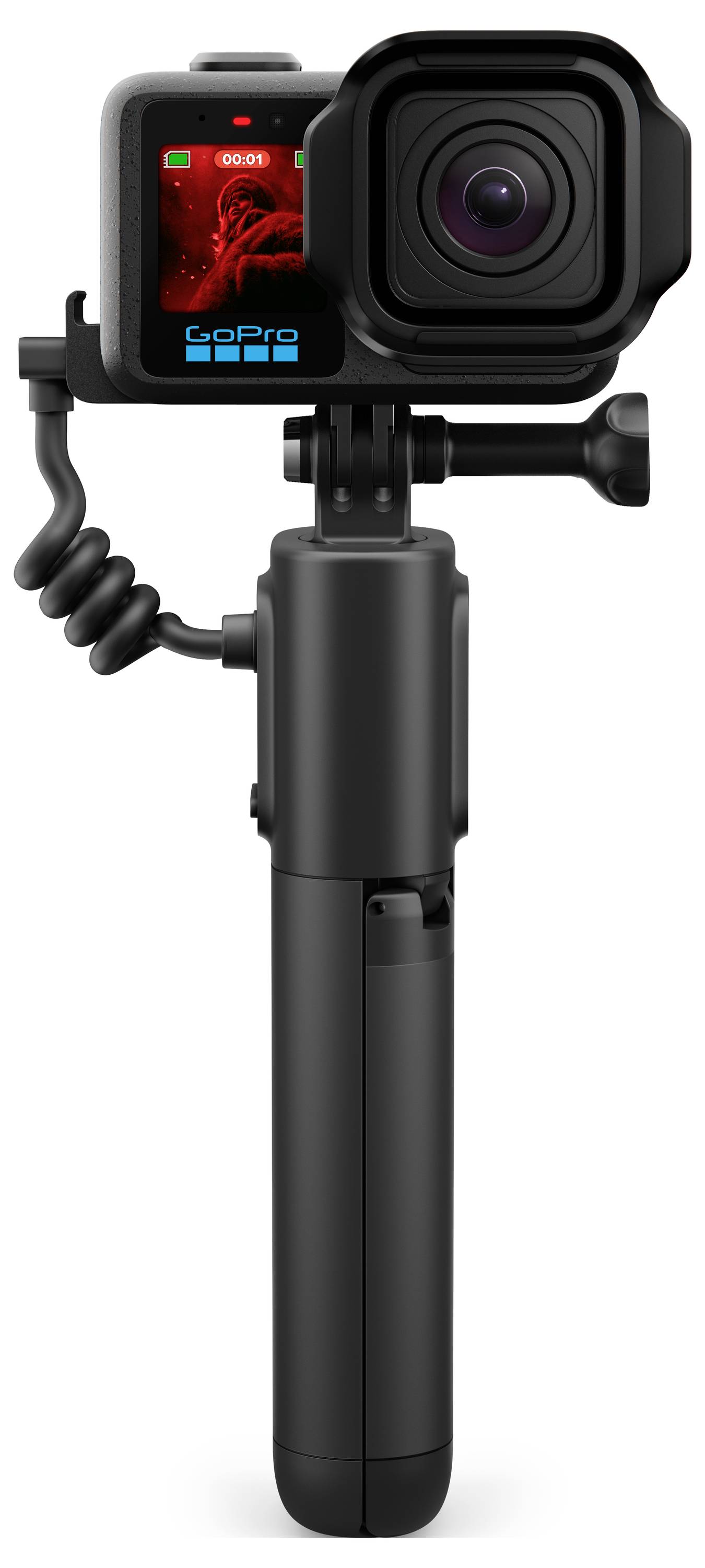 GoPro action camera in a waterproof housing mounted on a handheld selfie stick against a white background.