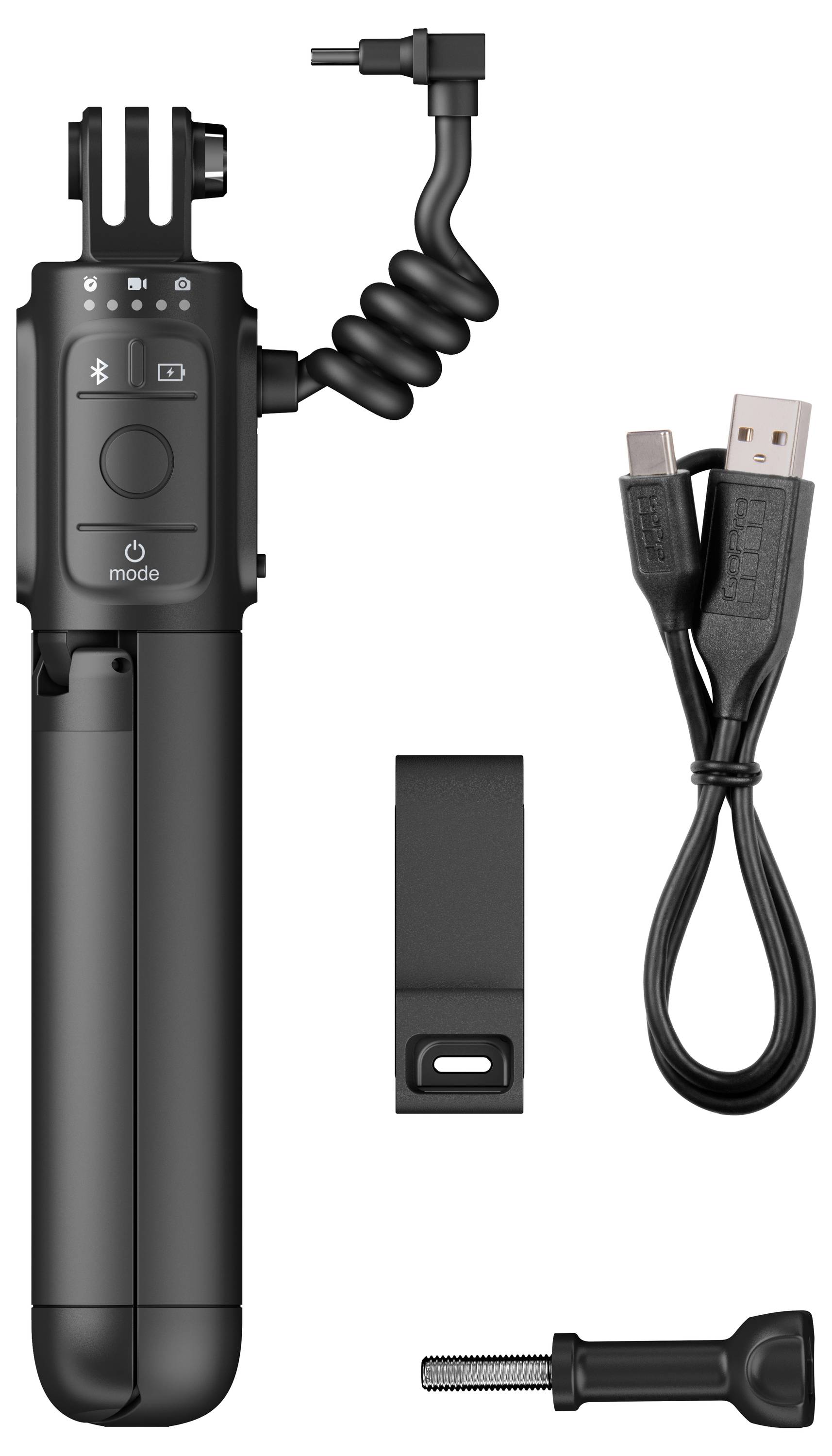 Black action camera selfie stick kit with remote, coiled shutter cable, USB charging cable, and thumb screw mount attachments.