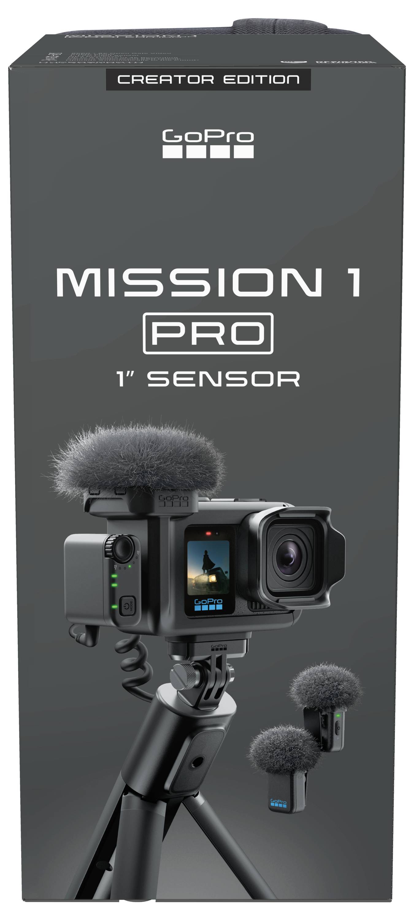 GoPro Creator Edition 'Missions 1 Pro' 1" sensor camera kit shown on retail box, with camera on tripod and two microphones.