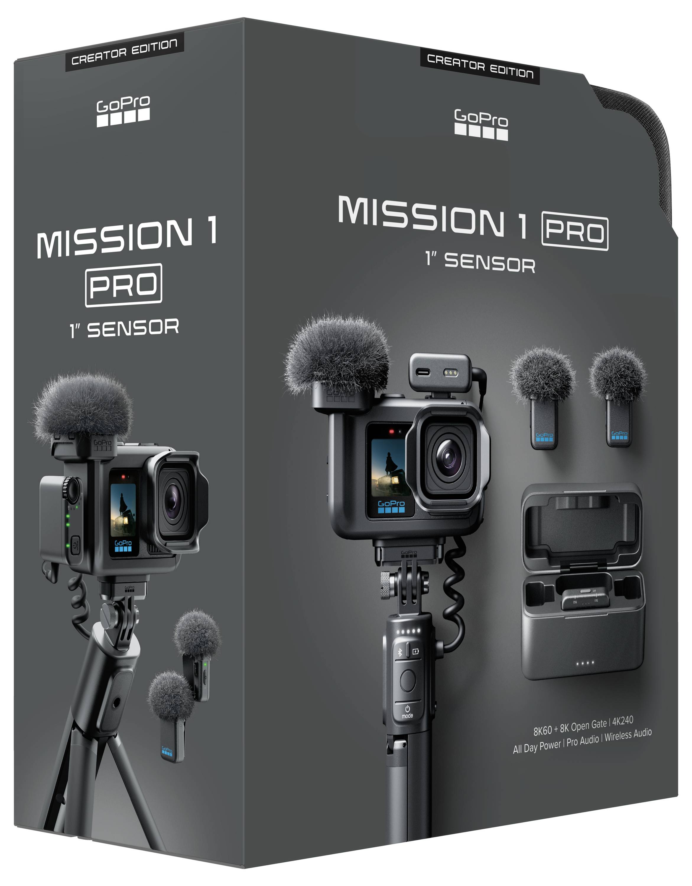 GoPro HERO Mission 1 Pro Creator Edition box showing action camera kit with tripod, wireless mics, and charging case.