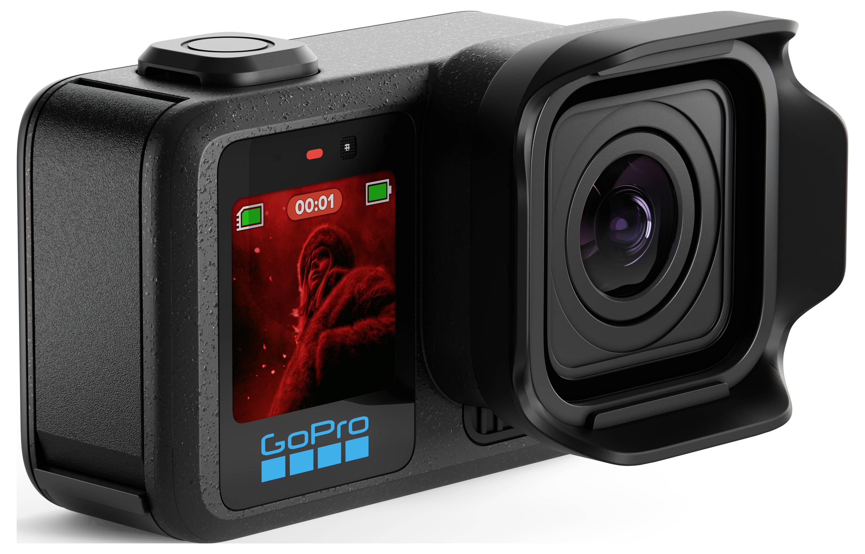 Black GoPro action camera with front lens and small display showing a red recording screen and GoPro logo.<br>