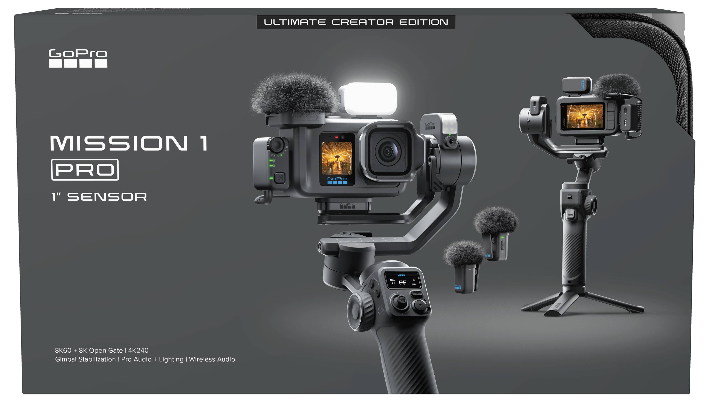 GoPro Mission 1 Pro action camera and handheld gimbal kit, labeled 'Ultimate Creator Edition' and '1' sensor', with wireless audio, lighting, and stabilization features.