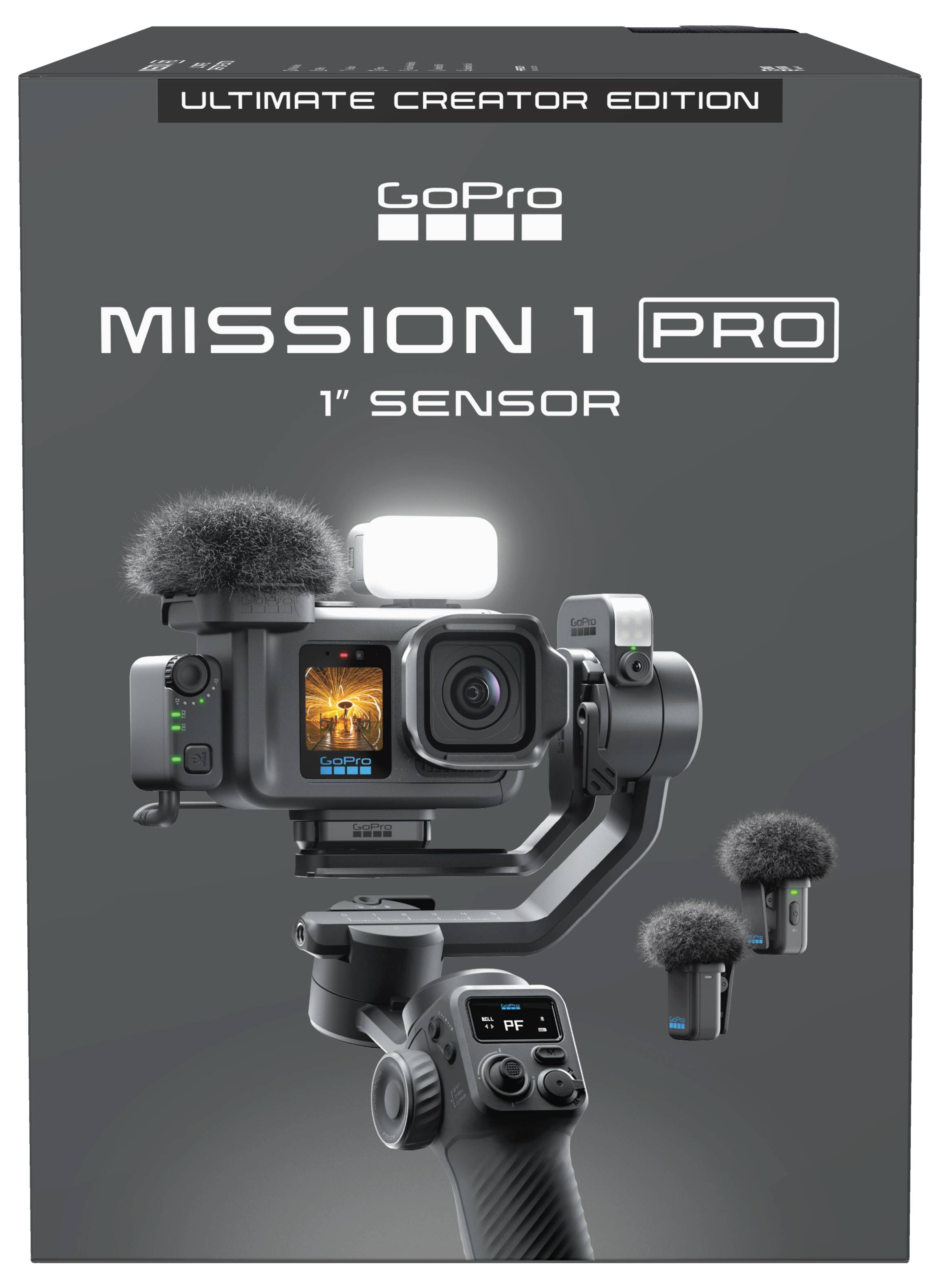 GoPro HERO camera kit box labeled 'Ultimate Creator Edition' and 'Mission 1 Pro 1' Sensor,' showing the camera mounted on a handheld grip with accessories.<br>