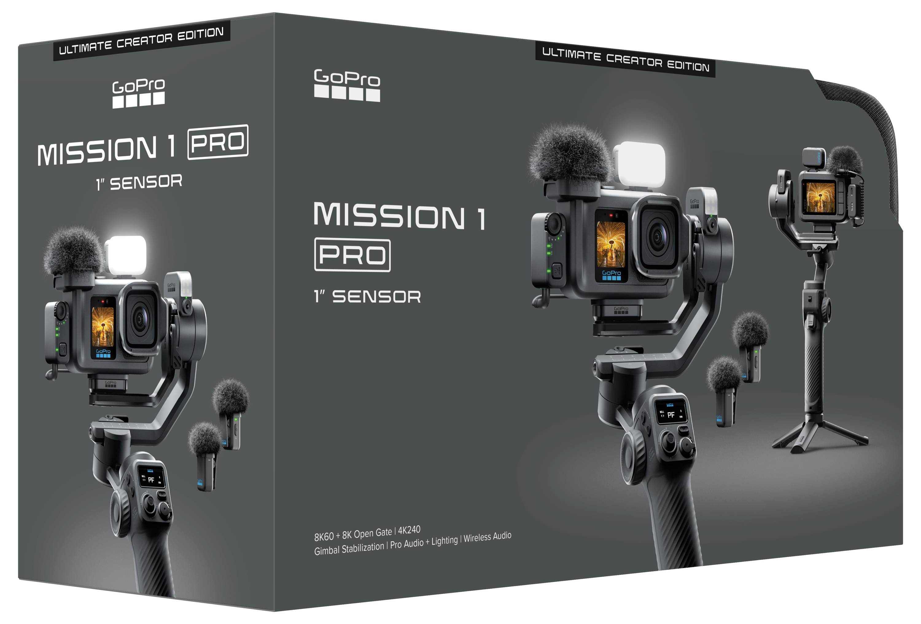 GoPro Hero Mission 1 Pro 1" sensor action camera box, showing camera on a gimbal with microphone accessories, Ultimate Creator Edition packaging.