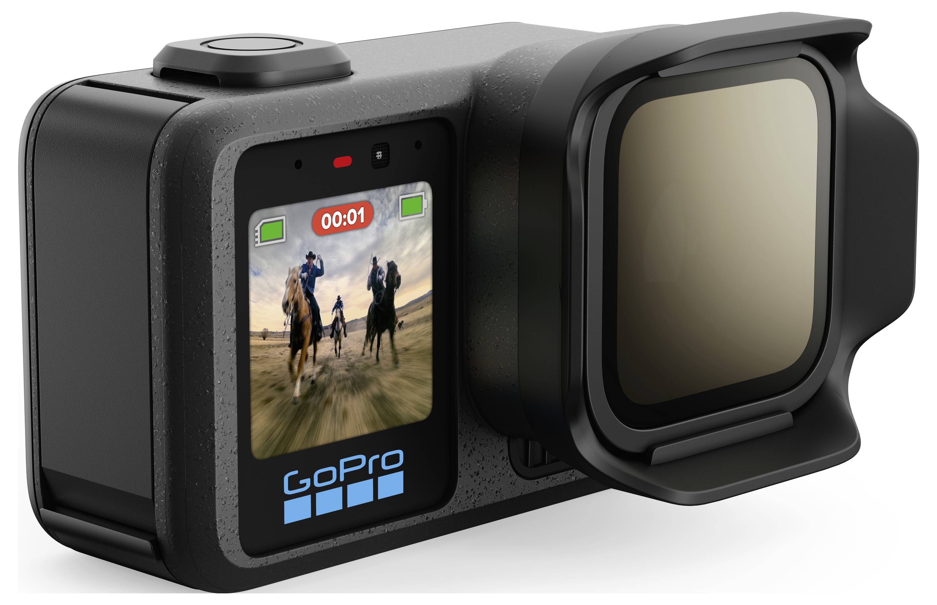GoPro action camera with a mounted front screen showing riders on horseback and a large square rear display attached<br>